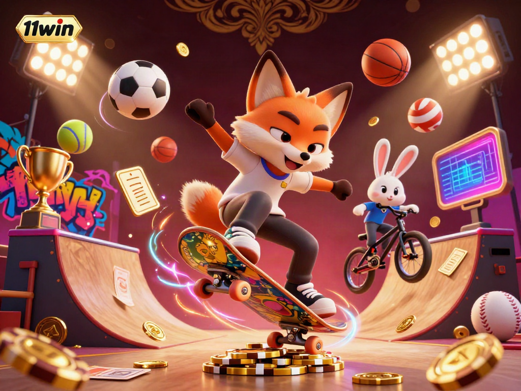 Experience the excitement of 11win with vibrant characters and casino elements in a dynamic sport and gaming scene.