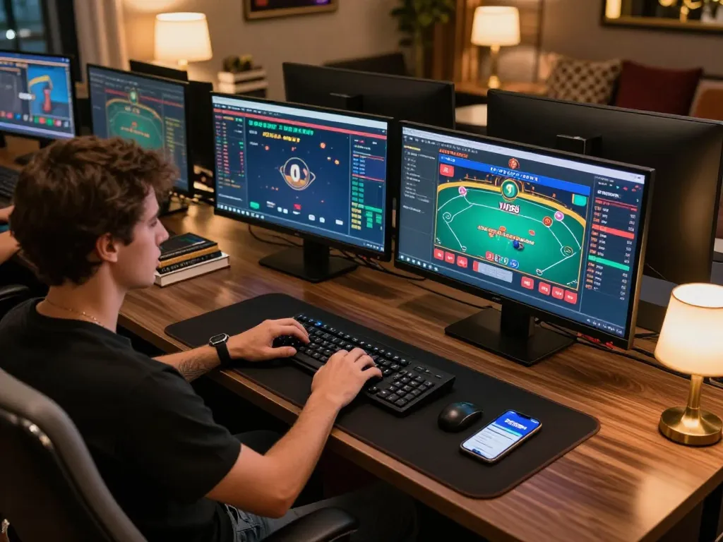 Player engaging in strategic gaming on the VIN88 app at a modern online casino setup.