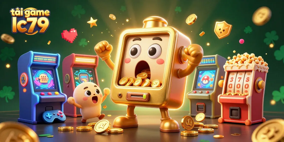 Tải game lc79 với các máy slot vui nhộn và những đồng tiền vàng bay xung quanh.