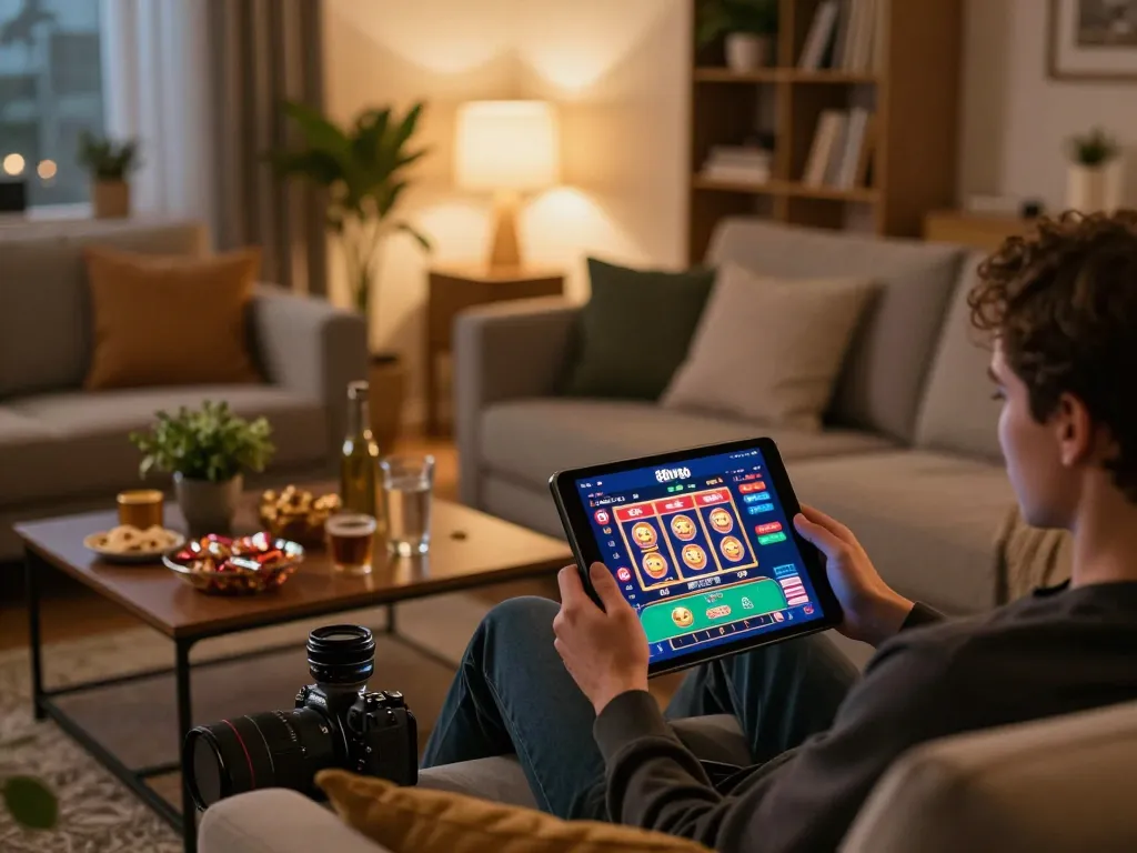 Engaging online gaming scene with 88vvgo app on tablet, person enjoying casino experience at home