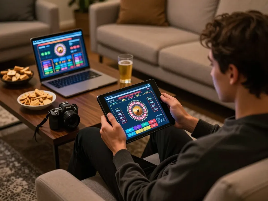 Sunwin player engaging with an online roulette game on tablet in a cozy home setting