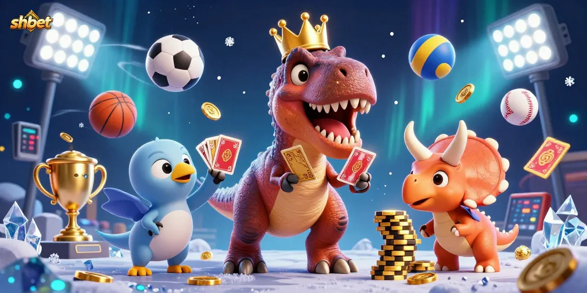 Experience shbet excitement with a vibrant scene of dinosaurs playing cards amidst golden chips.