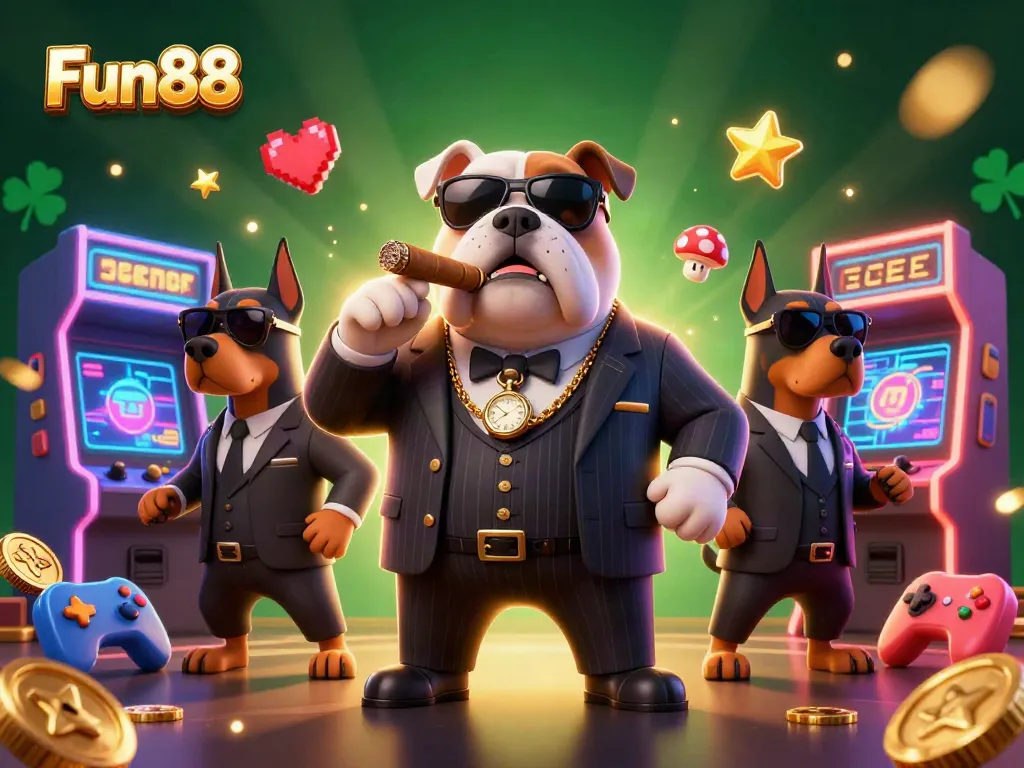 Spin to win with Fun88 as a bulldog mob boss dominates the casino scene in this vibrant illustration.