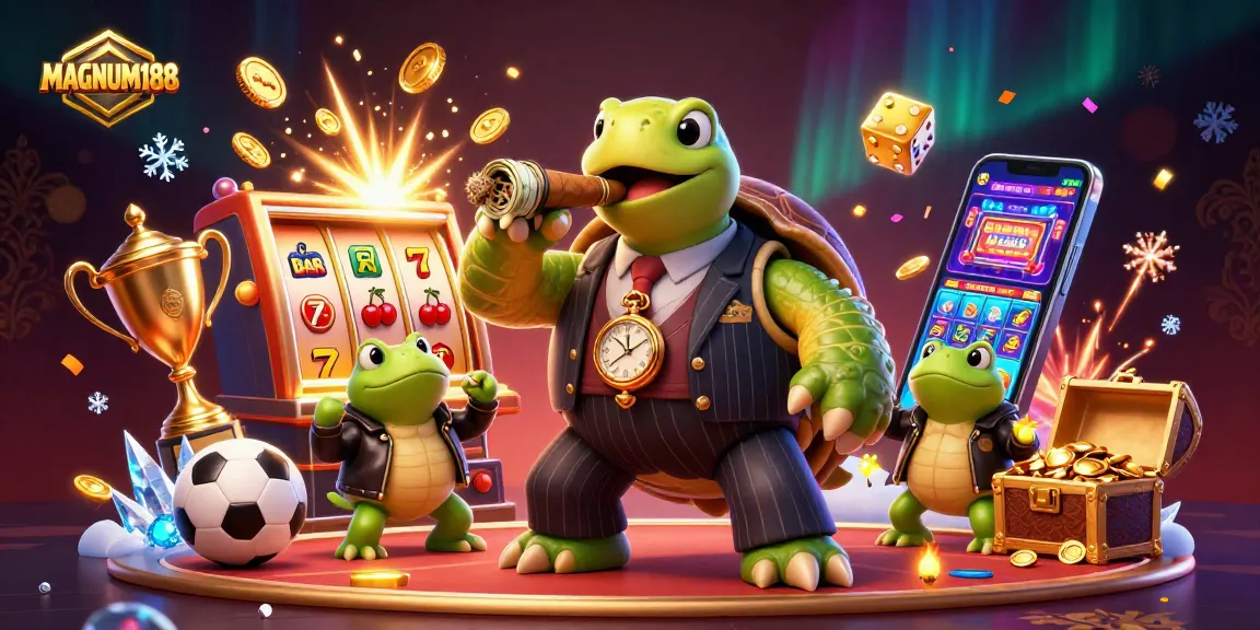 Bettors enjoying MAGNUM188 sports betting with a lively turtle mobster and frog enforcers at a dynamic casino scene.