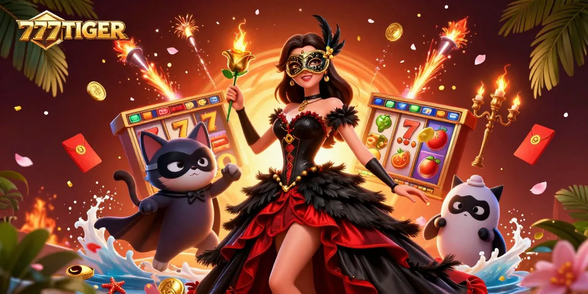 Experience thrilling gaming excitement with 777TIGER's upscale casino illustration featuring dynamic game elements.