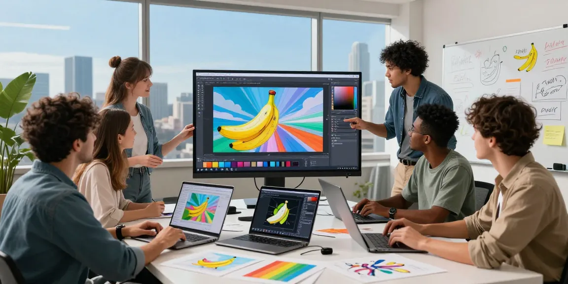 Collaborative team engaging in AI image editing using nano banana technology in a bright creative workspace.
