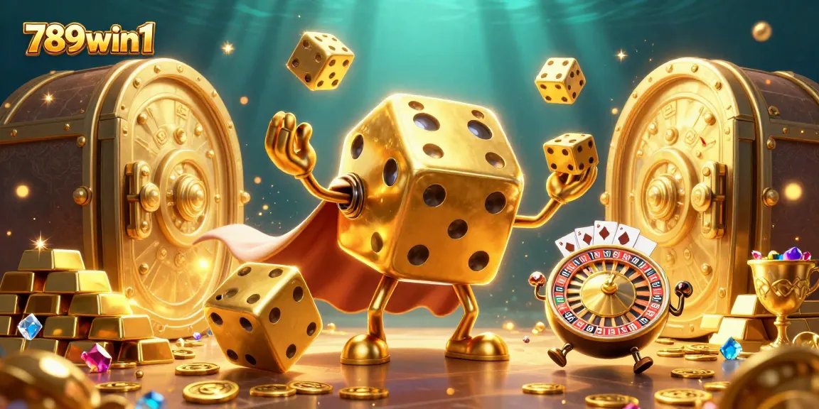 Play with 789win1 at a vibrant 3D casino, surrounded by glittering golden rewards and joyful characters.