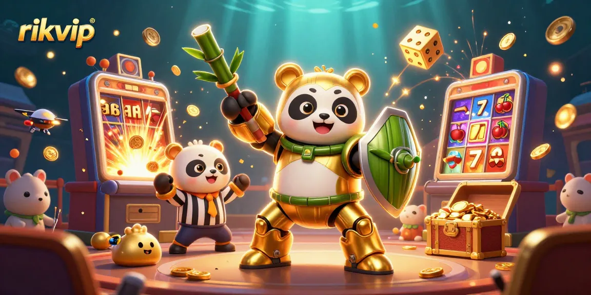 Experience the excitement of rikvip with a vibrant scene of a golden panda in a mech-suit amidst casino elements.