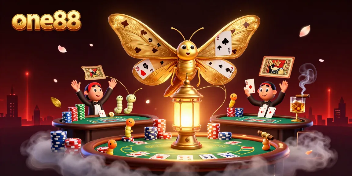 one88 showcases a vibrant gaming scene led by a majestic moth in a lively casino atmosphere
