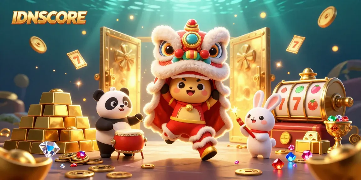 Engage in thrilling slots with IDNSCORE's vibrant scene of characters celebrating with golden treasures.