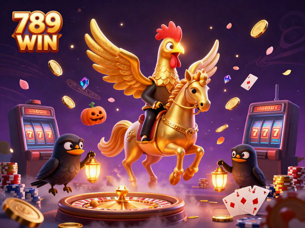 Experience the dynamic world of 789 WIN with a golden rooster and vibrant casino elements.