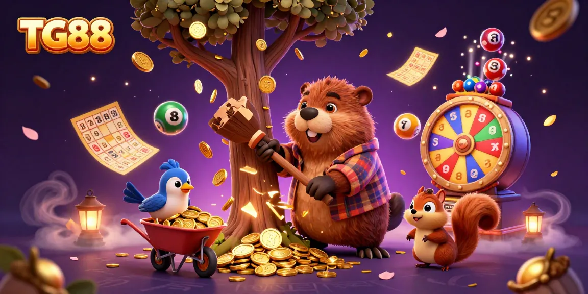 Experience gaming excitement with TG88's cartoon characters and vibrant gambling elements in an enchanting scene.