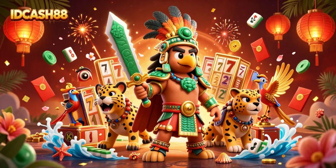 Experience thrilling gameplay at IDCASH88 with an Aztec warrior and vibrant casino elements highlighting online slot adventures.