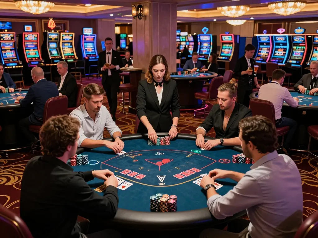 VT88 gaming atmosphere with players focused on poker at a luxurious casino table, showcasing high stakes and excitement.