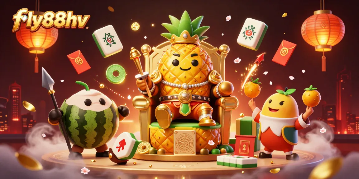 Engage with the vibrant world of fly88hv at this online casino, with a golden pineapple king and colorful gaming elements.