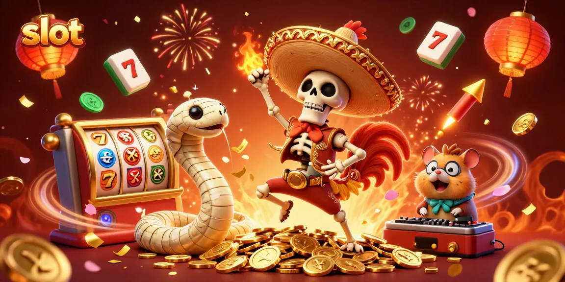 Engage with slot games in a festive scene featuring characters and vibrant casino elements.