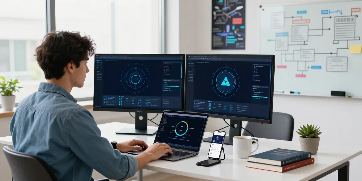 快连 app interface displayed on a laptop alongside network optimization tools in a modern tech workspace.