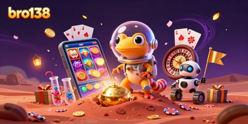 Engage with exciting games at bro138 featuring a Martian gecko in a vibrant casino scene.