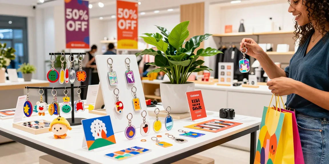 Custom keychains displayed in a vibrant retail setting with a customer exploring options during a sale.