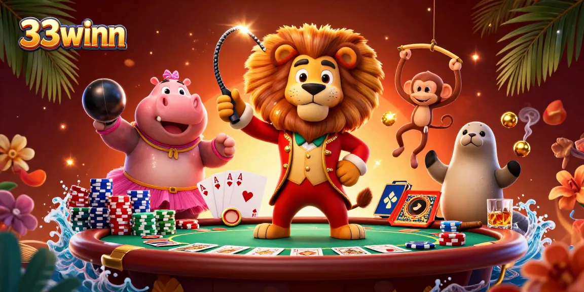 33winn circus-themed illustration showcasing lively characters and poker elements for an engaging gambling experience.