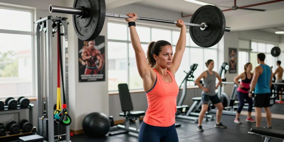 Empowering fitness training scene in an Anabolika Shop gym, showcasing a woman performing a barbell lift, surrounded by gym equipment.