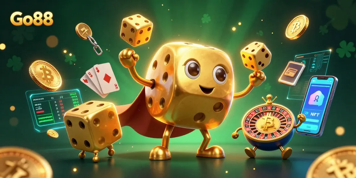 Experience winning moments at Go88 with a dynamic 3D illustration featuring golden dice, cryptocurrencies, and gaming elements.