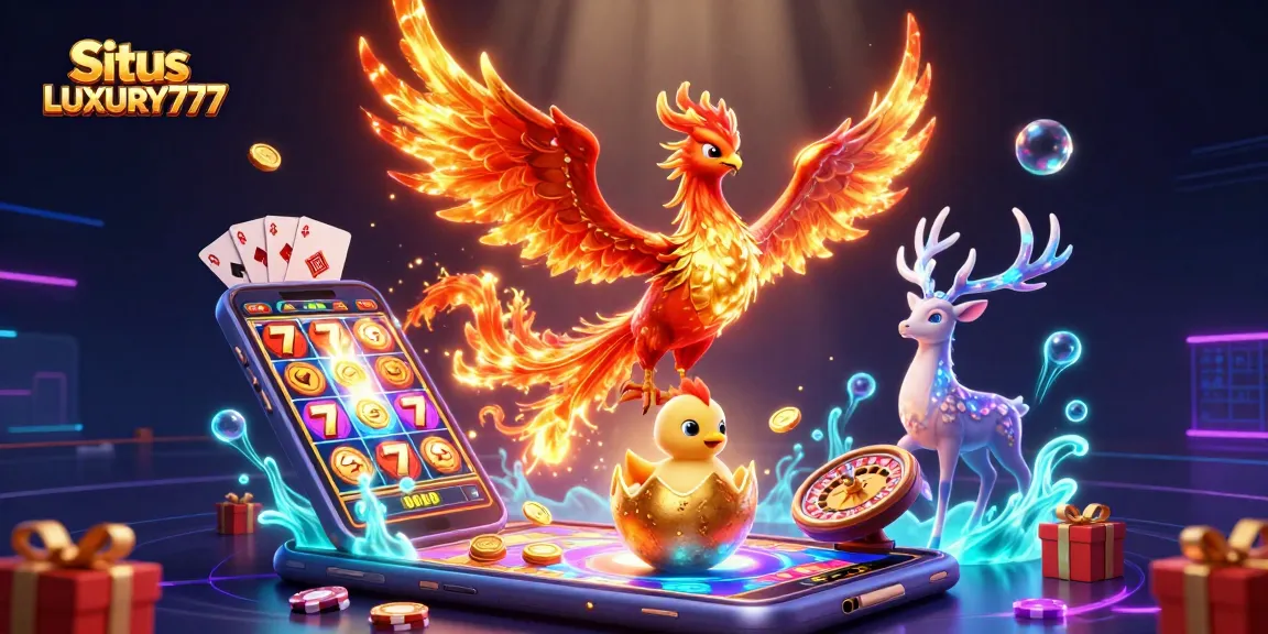Situs LUXURY777 menampilkan ilustrasi 3D menakjubkan dengan karakter kasino, slot permainan, dan kemewahan berkilau.