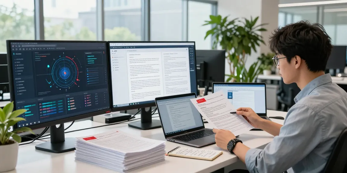 Detect PDF fraud with AI tools in a modern workspace, displaying analytical data and documents.