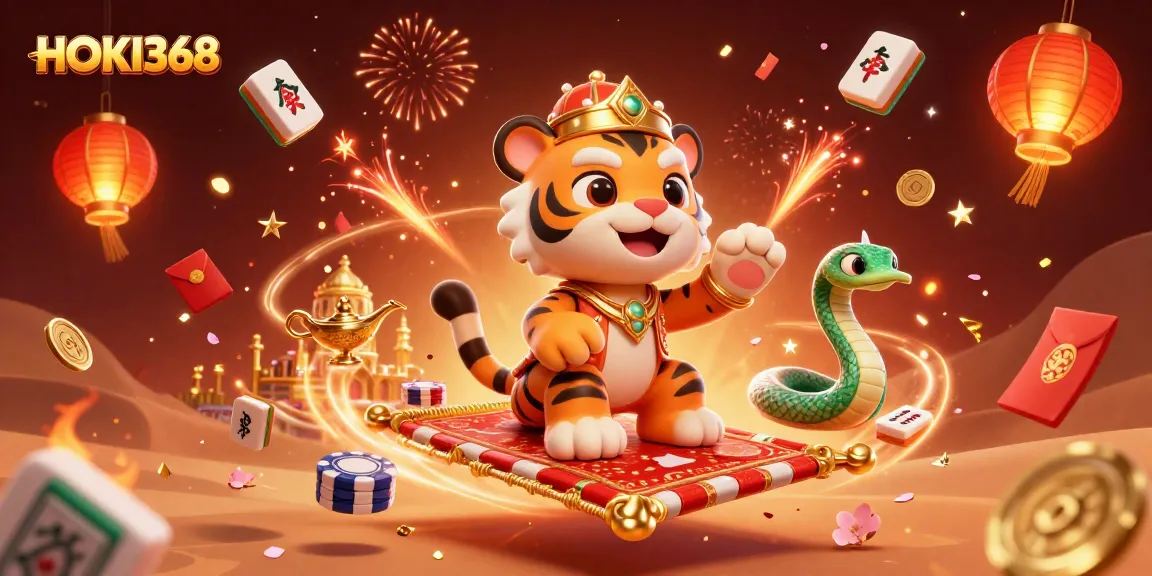 Experience exciting gameplay at HOKI368 with a vibrant casino-themed illustration featuring dynamic characters and elements.