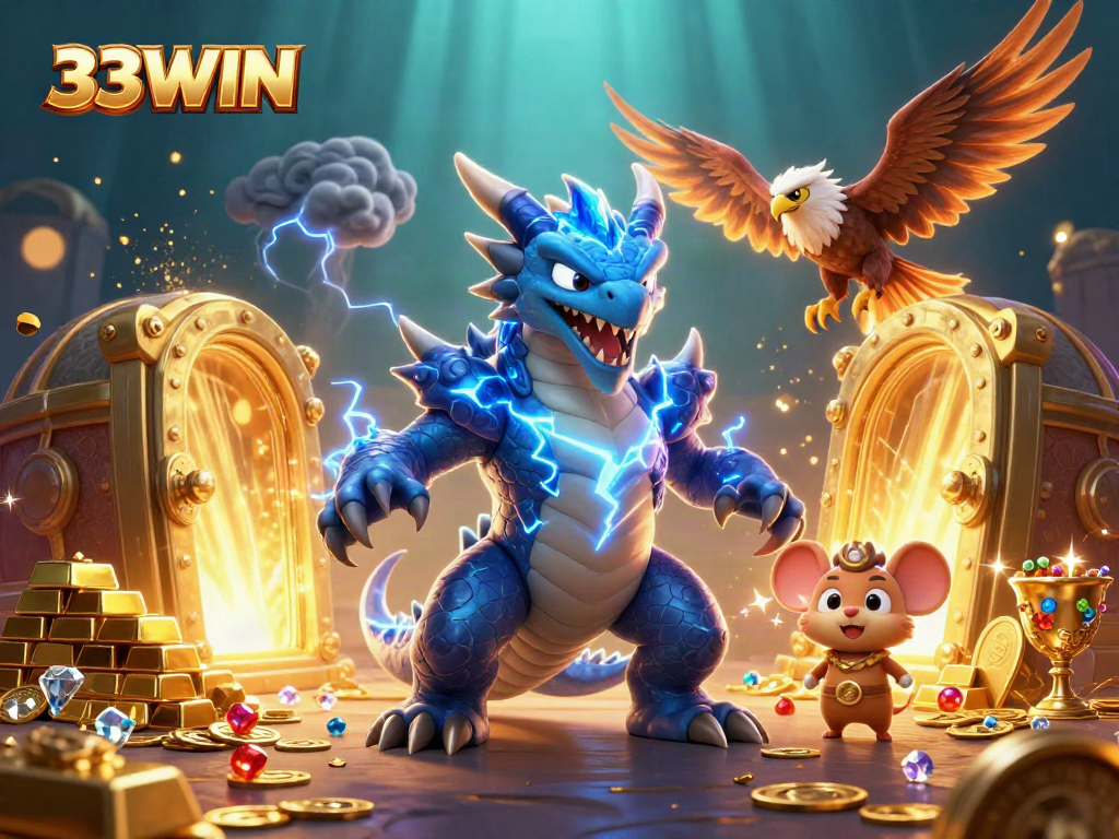 Experience high-stakes gaming excitement at 33WIN with thrilling characters in a vibrant casino setting.