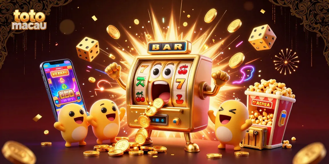 Mengalami jackpot dengan toto macau, mesin slot emas ceria dikelilingi simbol permainan dan efek cahaya berkilau.
