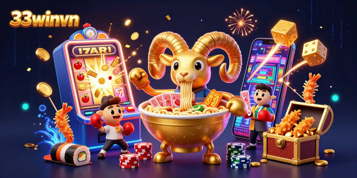 33winvn casino adventure with a giant ramen bowl character dealing cards and chips surrounded by a jackpot explosion.
