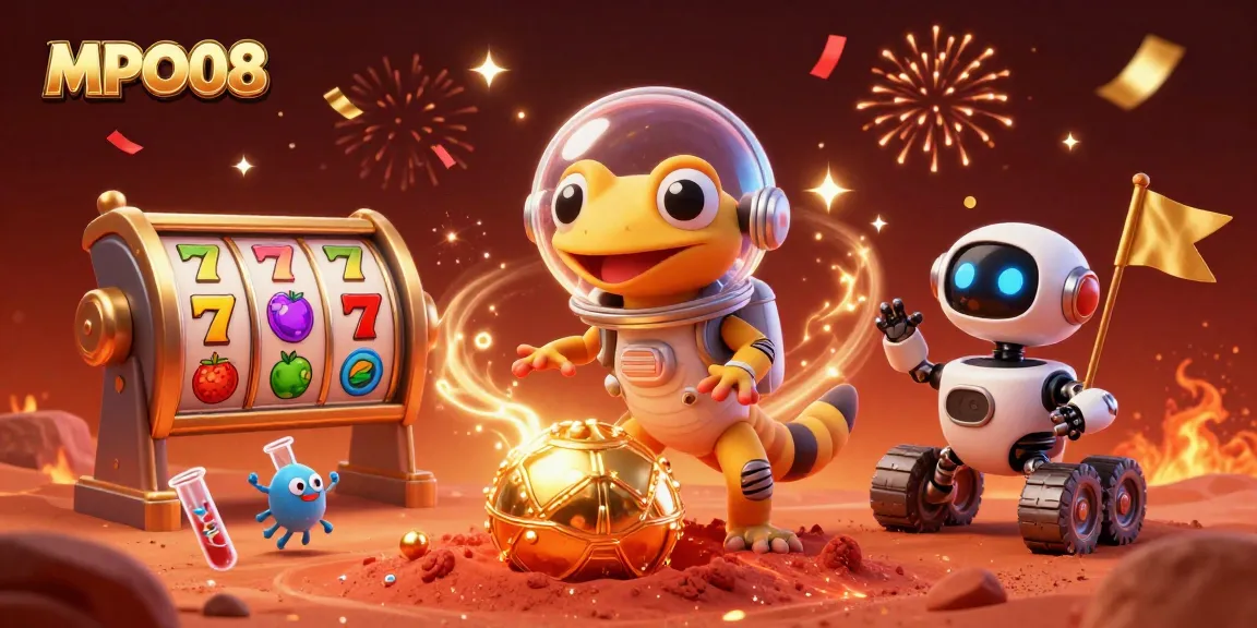 MPO08 invites players to discover a vibrant casino scene with spinning slot reels and golden celebrations.