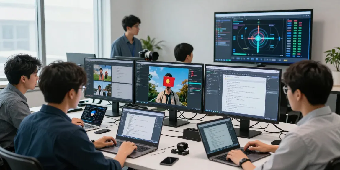 Experts detect AI images in a modern workspace, collaborating on moderation algorithms.