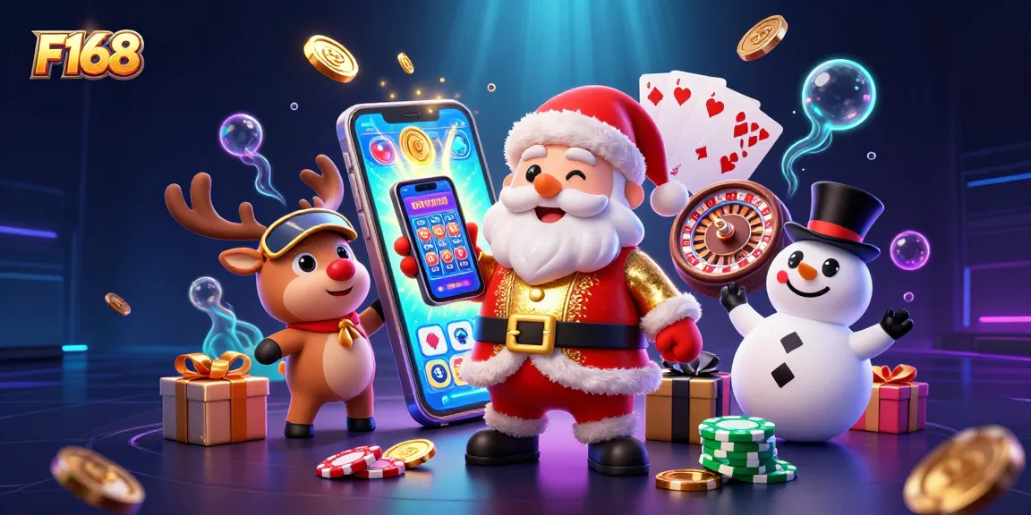 Experience the excitement of F168 with festive characters showcasing slots action and vibrant casino elements.