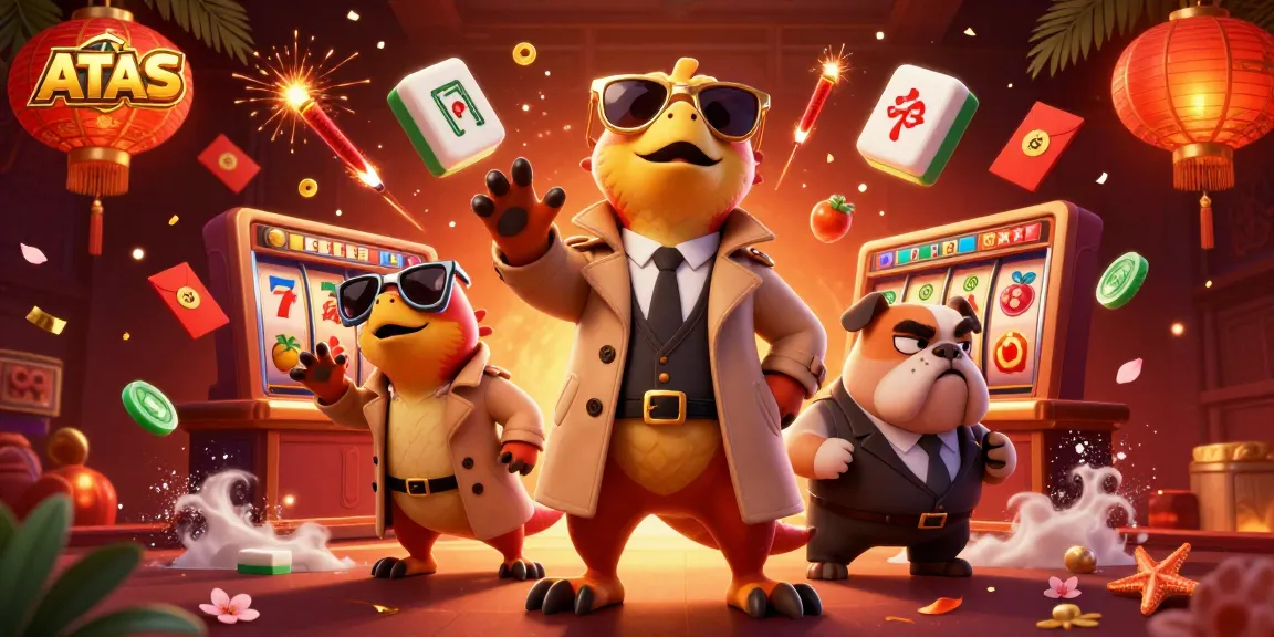 Experience ATAS Casino with raptors in disguise amidst vibrant casino symbols and warm decorations.