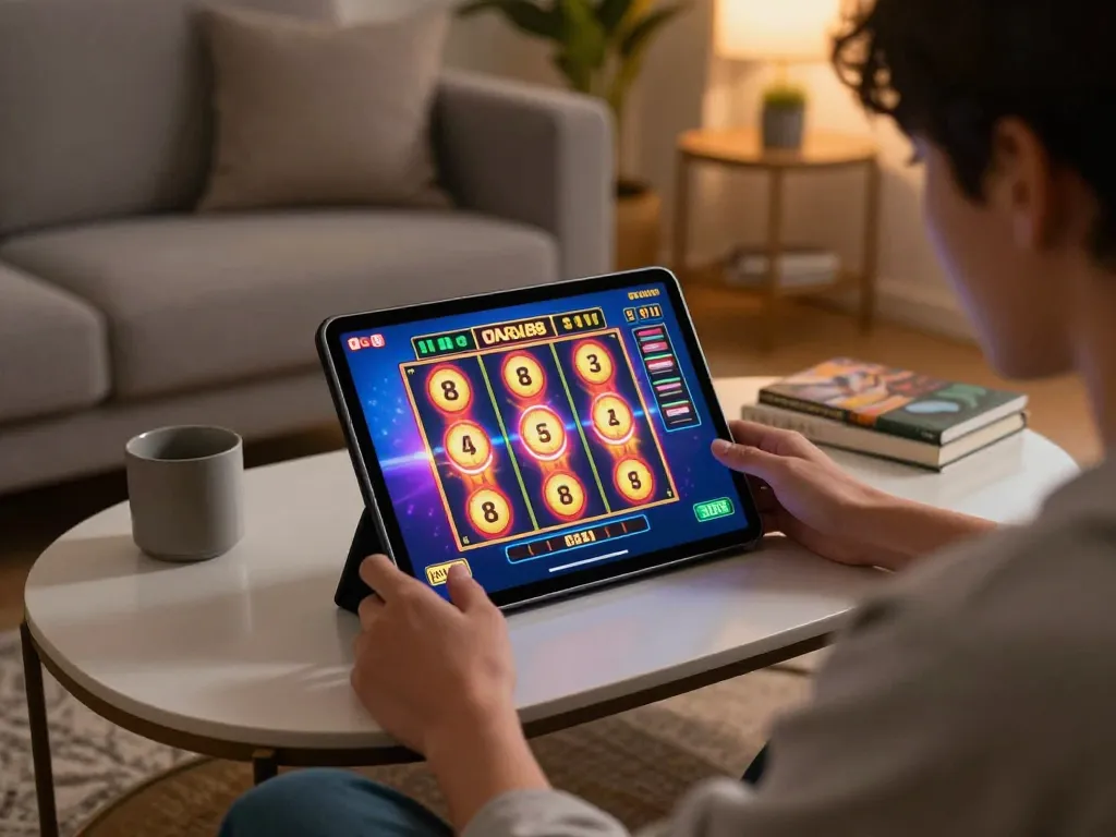 Pemain yang terlibat sangat senang dengan permainan slot88 online di tablet dalam suasana rumah yang nyaman.