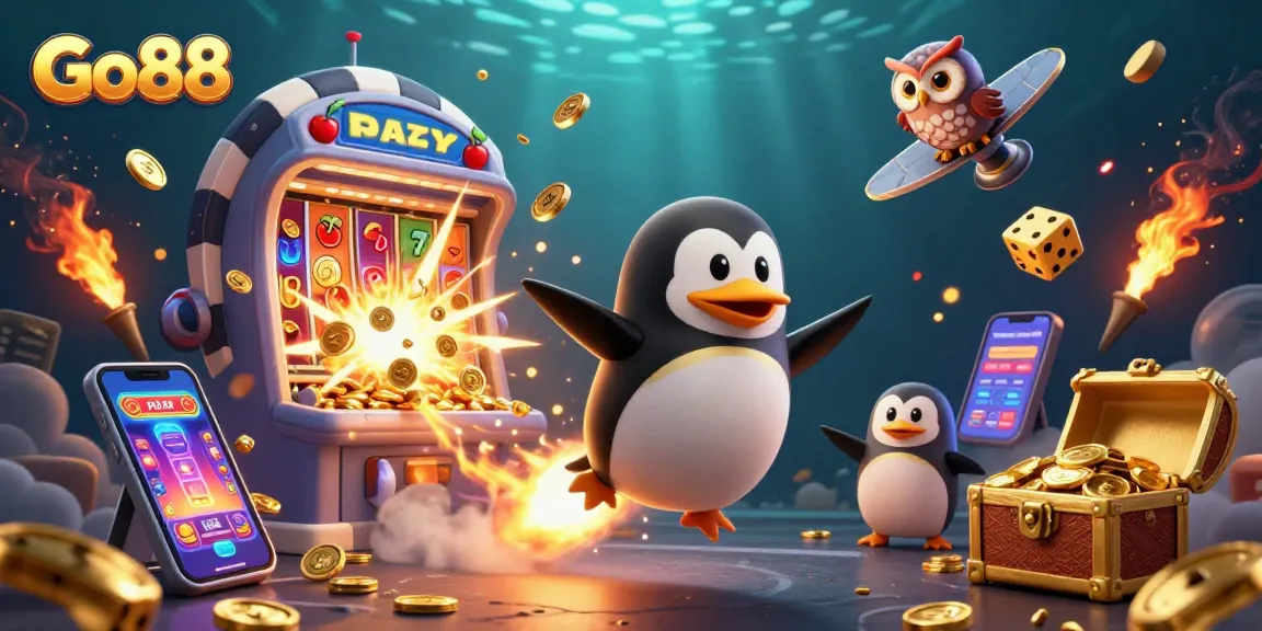 Experience the thrill of Go88 with a dynamic 3D scene featuring animated casino elements and vibrant characters.