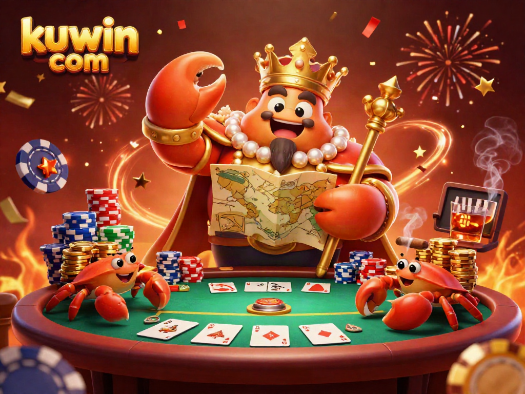 Engage with the dynamic gaming world of kuwin com featuring a golden crab emperor surrounded by vibrant casino elements.