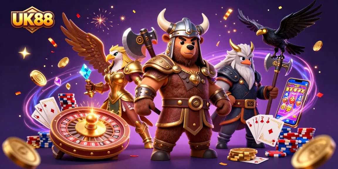 Experience thrilling games with UK88 in an ultra-detailed casino illustration showcasing vibrant 3D characters and dynamic elements.