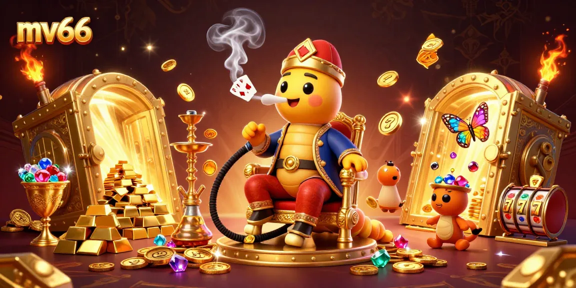 mv66 features an enchanting casino scene with a whimsical caterpillar and wealth symbols enticing players.