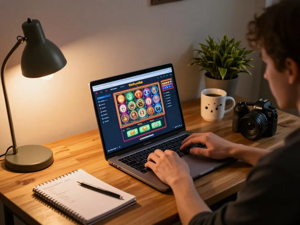 Engaging in online casino gameplay with okfun88, showcasing vibrant slots on a cozy gaming setup.