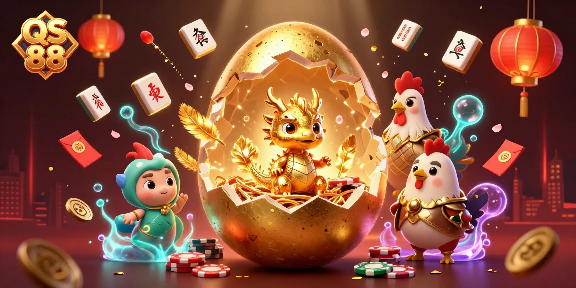 Experience excitement and opportunities at QS 88 with a dazzling gold dragon surrounded by casino elements.