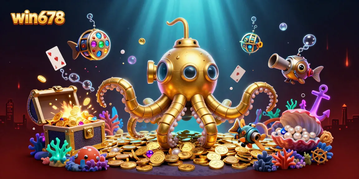Experience win678's thrilling underwater casino adventure with vibrant slot reels and golden treasures.