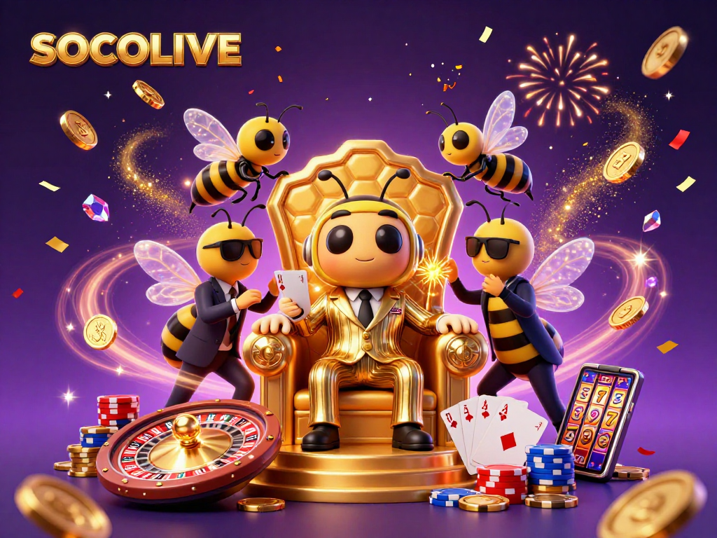 SOCOLIVE showcases a vibrant 3D cartoon bumblebee mob boss amidst cascading casino elements, creating an exciting gambling atmosphere.