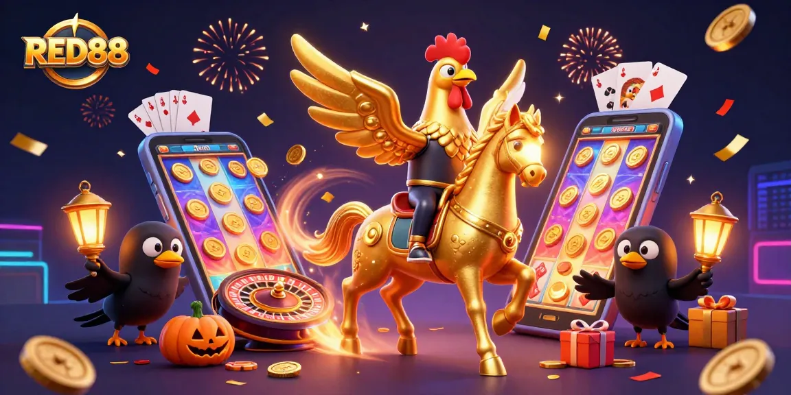 Engage with the excitement of RED88's vibrant casino scene featuring a golden rooster in action.