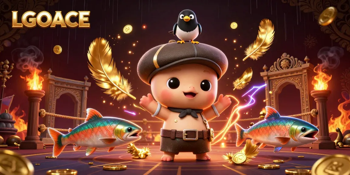 LGOACE showcases an exciting online casino scene with cute cartoon characters and gold elements.
