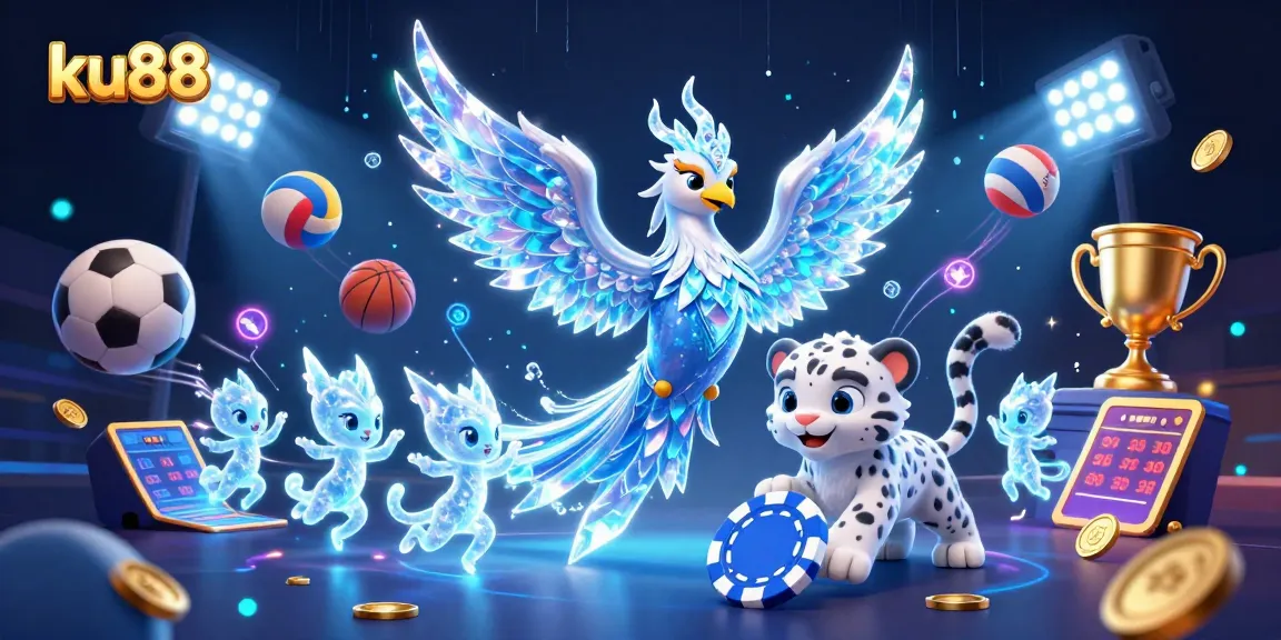 Experience thrilling gaming action with ku88 featuring a vibrant illustration of an ice phoenix and sports elements.