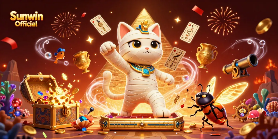 Experience thrilling casino action with Sunwin Official's vibrant illustration featuring a mummy cat and jewels.