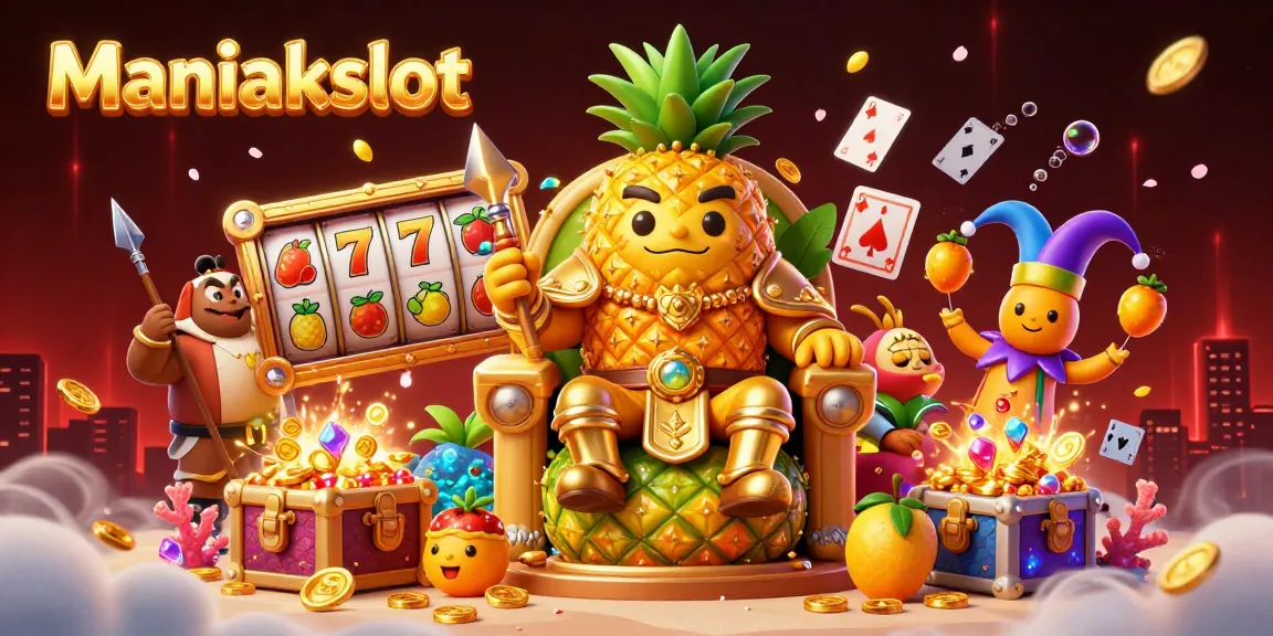 Spin the reels with Maniakslot as the golden pineapple king and jester create a vibrant casino atmosphere.